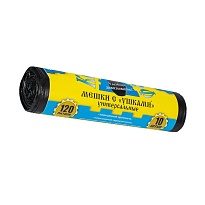 Мешки для мусора 120 л, с ушками, черные, в рулоне 10 шт., ПНД, 13 мкм, 1050х680 мм, Крепакоф, 4607075710436 в Дзержинске