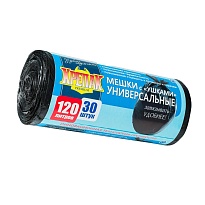 Мешки для мусора 120 л, с ушками, черные, в рулоне 30 шт., ПНД, 15 мкм, 1100х700 мм, Крепак, 4607075710375 в Дзержинске